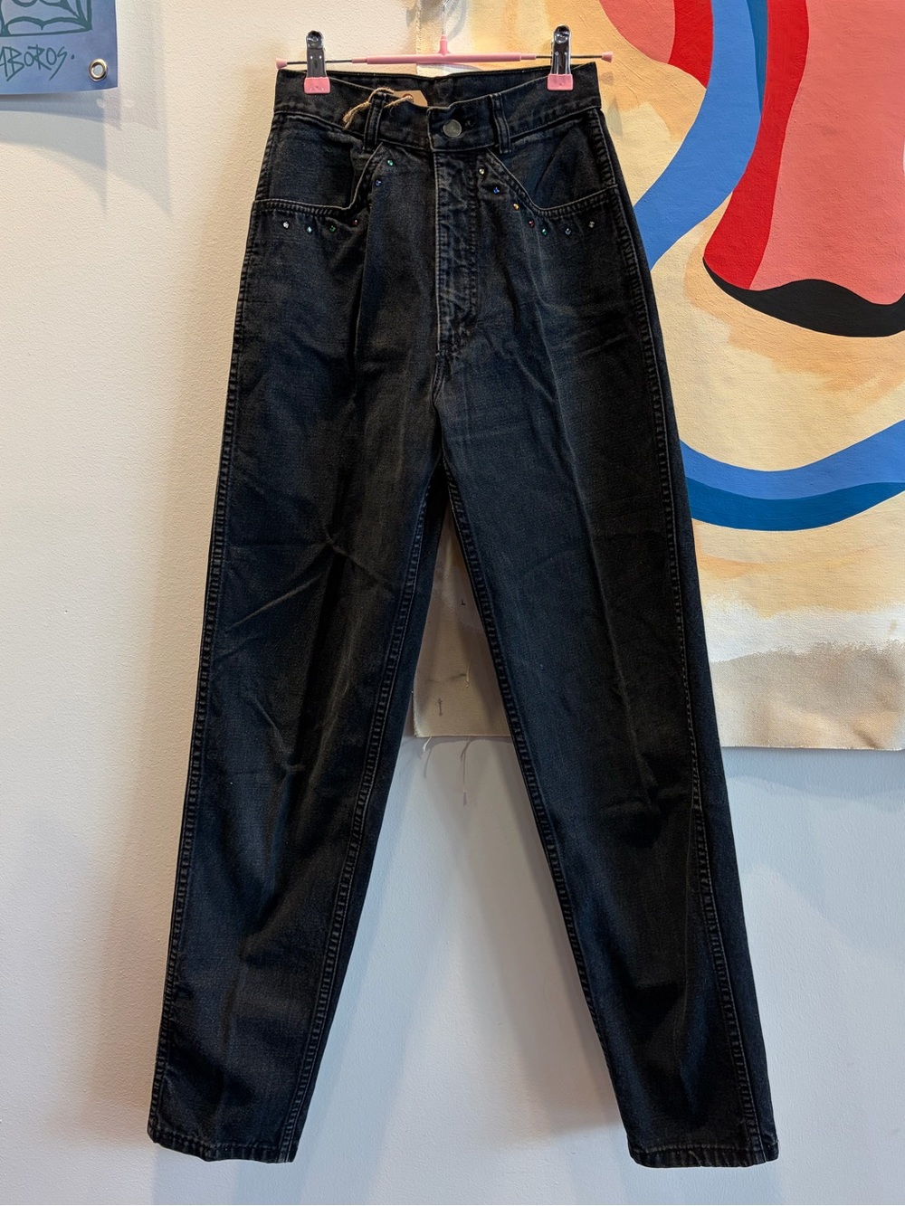 Vintage High Rise Black Denim Jeans w/ Rhinestones